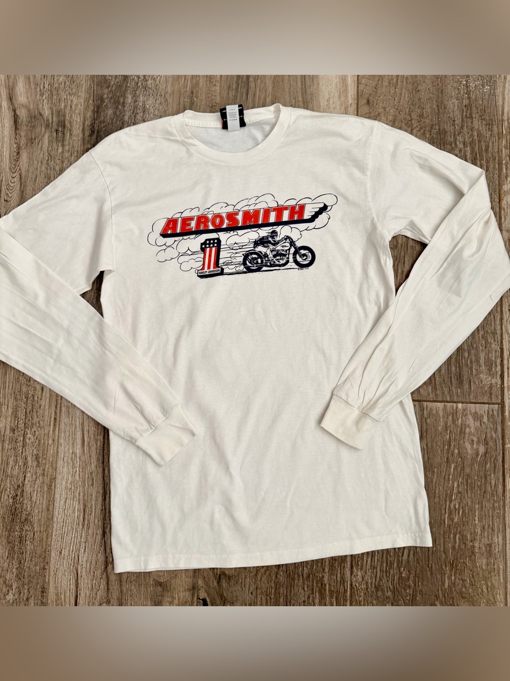 Harley-Davidson White Long-Sleeve Tee with Red and Black Aerosmith Graphic